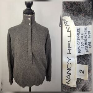 Nancy Heller Pocket Sweater Womens SZ 2 Gray Cashmere Silk 1/2 Zip Mock Neck VTG